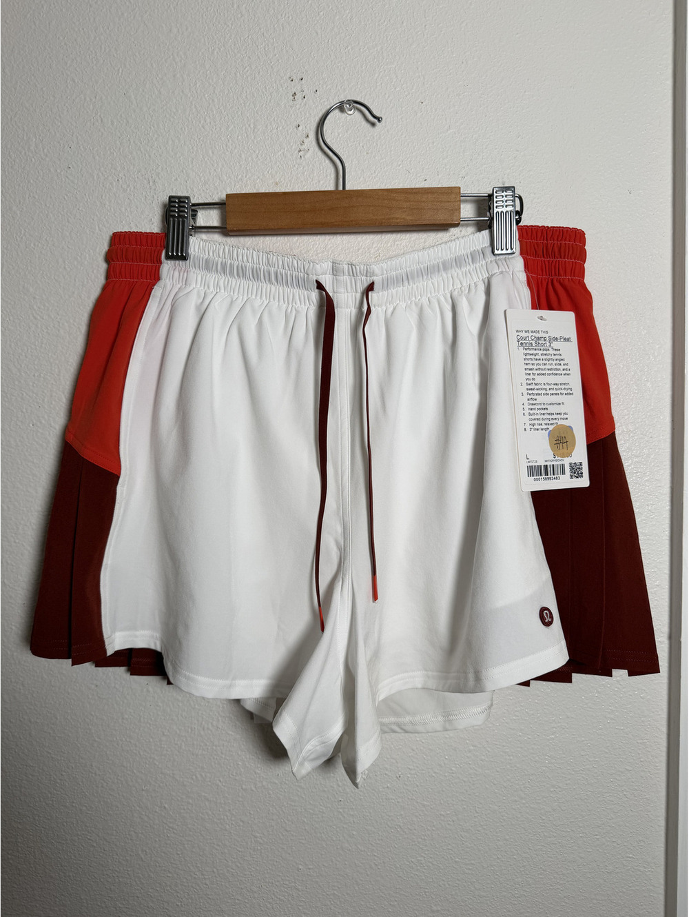 NWT Lululemon Court Champ Side-Pleat Tennis Shorts 3" White Red Size L